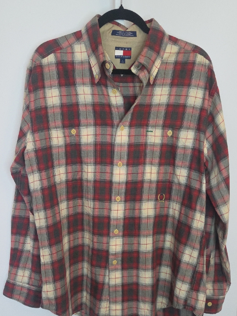 ​Vintage 90s Tommy Hilfiger Crest Logo Plaid Button Down Shirt Large Red/Cream